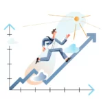 Running businessman manager in formal wear with increasing chart successful business