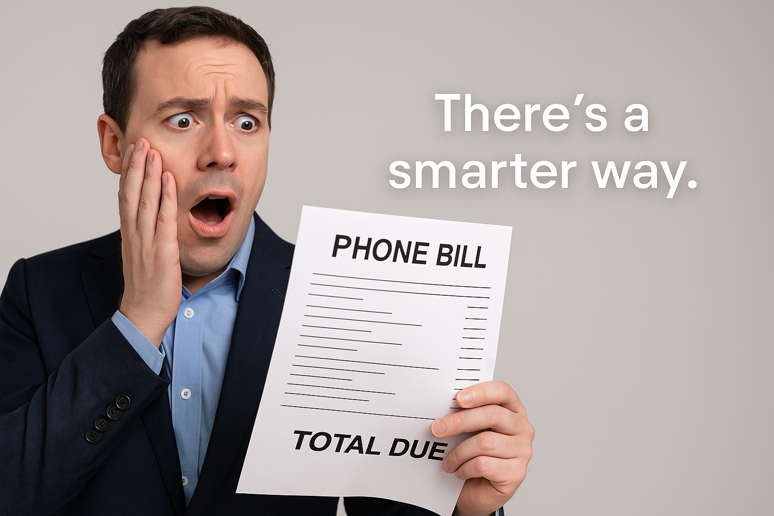 Close-up of a businessperson looking shocked at a huge phone bill, next to text: “There’s a smarter way.” promoting Is VOIP right for your business