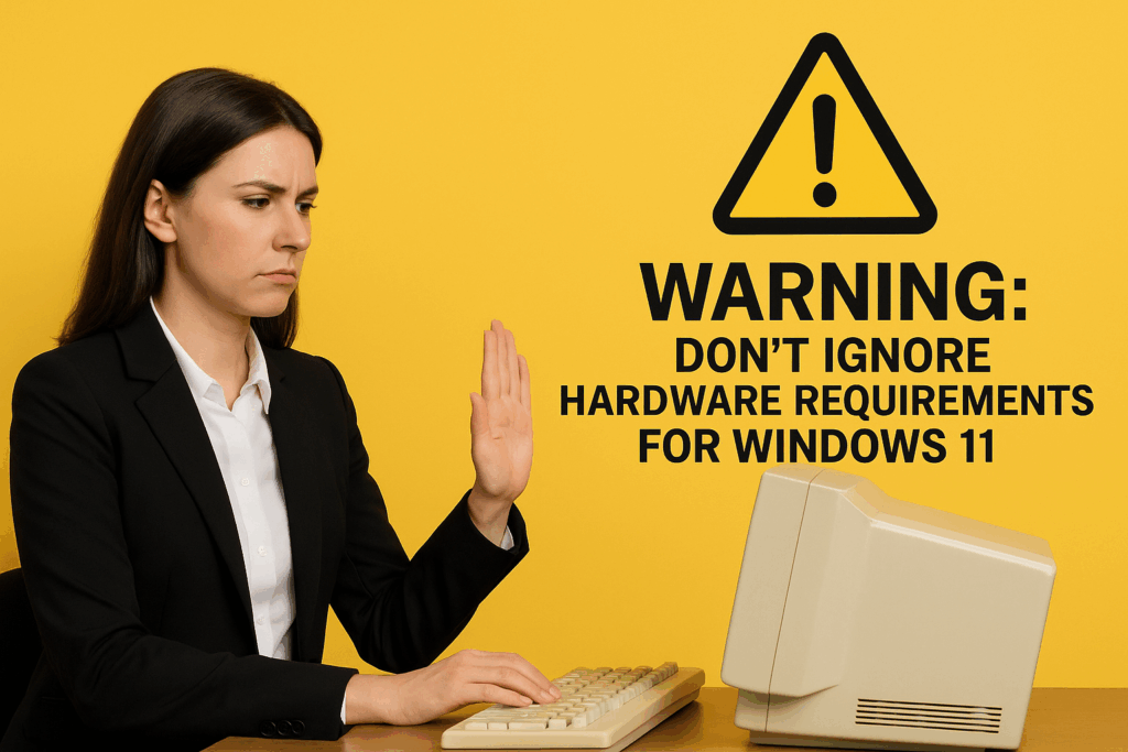 Woman with a Warning icon about don't ignore Windows 11 hardware requirements