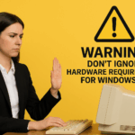 Woman with a Warning icon about don't ignore Windows 11 hardware requirements