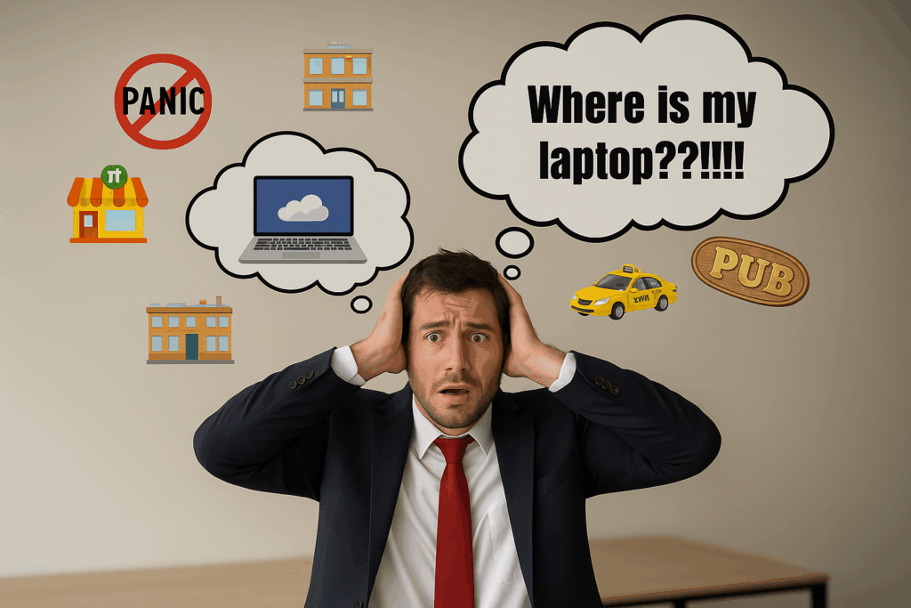 Business man worried as he has lost his laptop