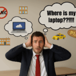 Business man worried as he has lost his laptop